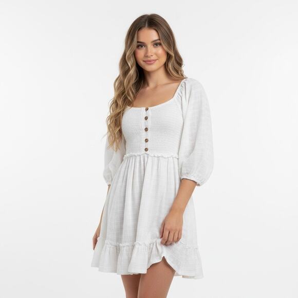 Free People Dresses & Skirts - Free People White Picnic Mini Dress Cotton Smocked Puff Sleeve Coquette Cottage